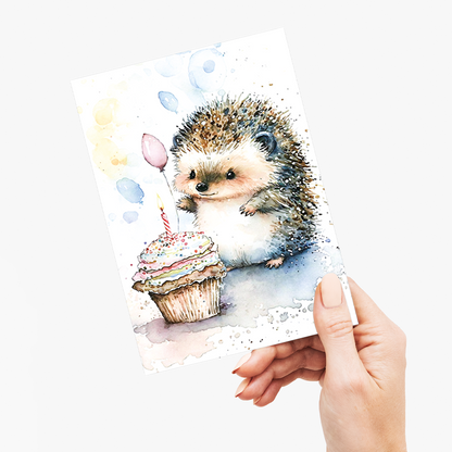 Hedgehog enjoying his cupcake - Greeting Card