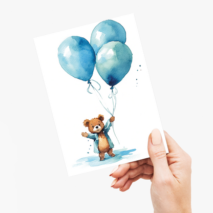 Bear holding blue balloons - Greeting Card