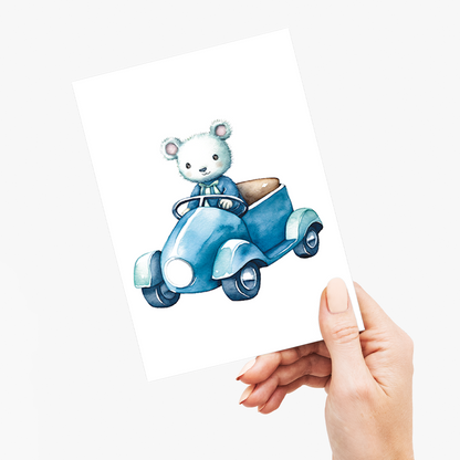 Little mouse driving a blue car - Greeting Card