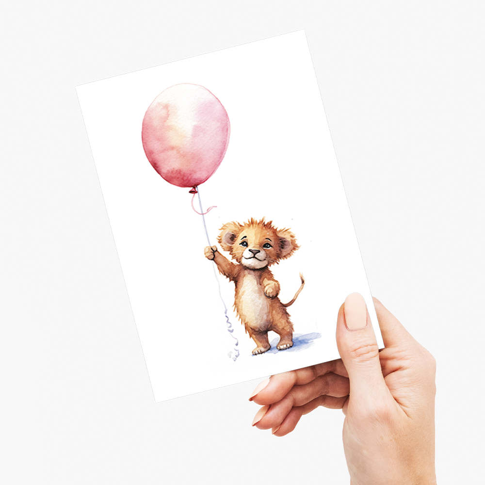 Lion cub hold holding a pink balloon - Greeting Card