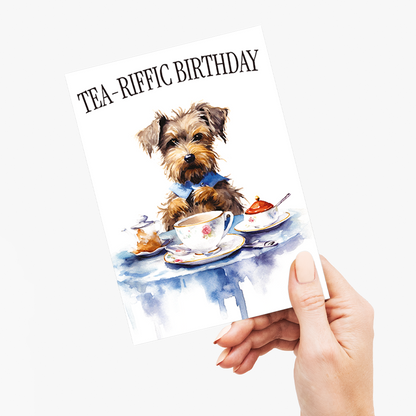 Tea-riffic birthday dog - Greeting Card