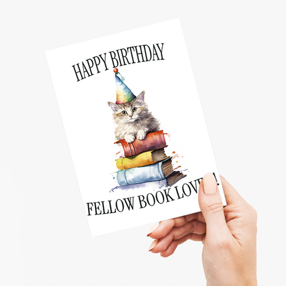 Happy birthday fellow book lover! (Cat) - Greeting Card