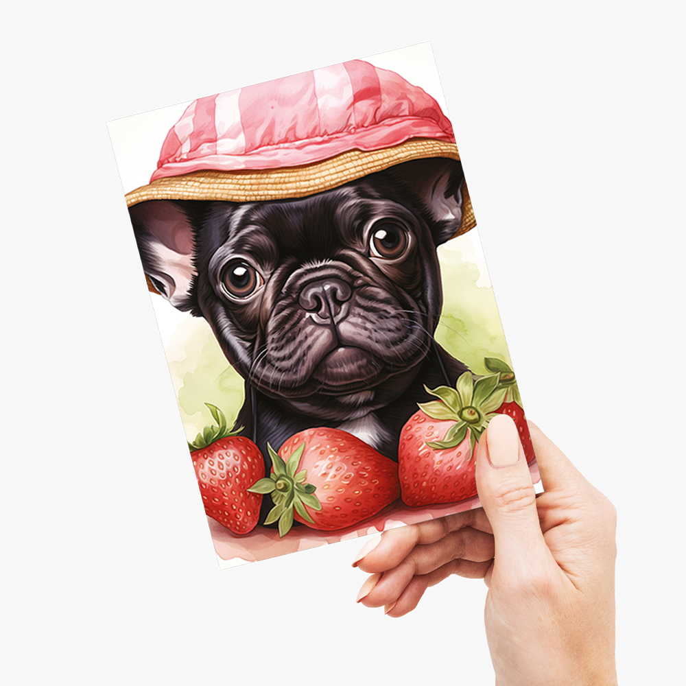 French Bulldog with strawberries - Greeting Card