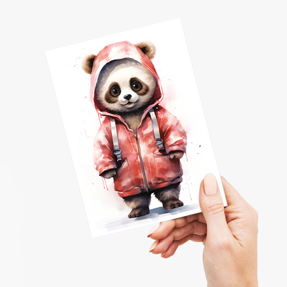 Panda wearing red raincoat - Greeting Card