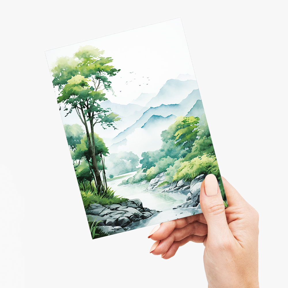 River, Trees, and Majestic Mountains - Greeting Card