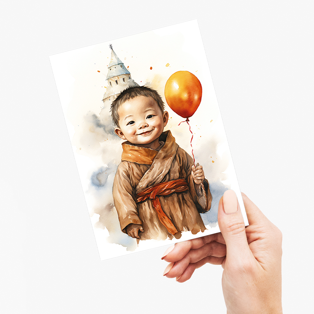 Cute little monk holding a balloon - Greeting Card