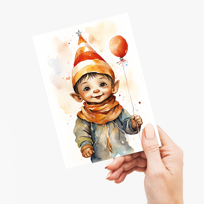 Little elf wearing a party hat - Greeting Card