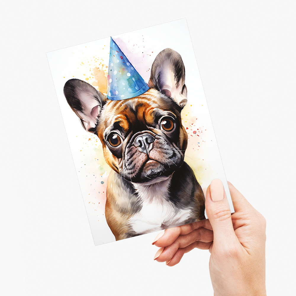 Cute french bulldog wearing a birthday hat - Greeting Card
