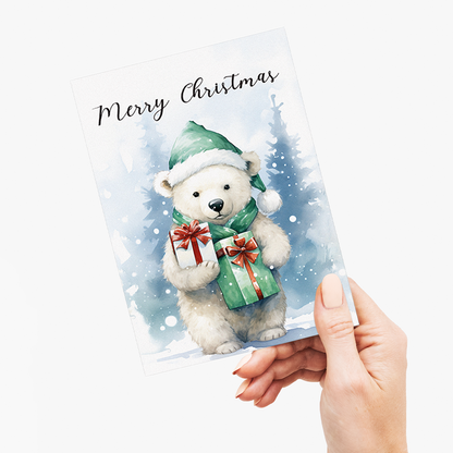 Cute little polar bear bringing Christmas gifts  - Greeting Card