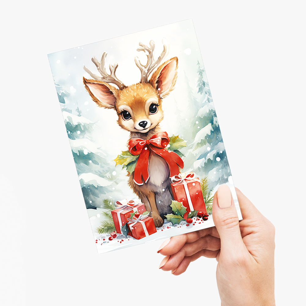 Little reindeer with christmas presents - Greeting Card