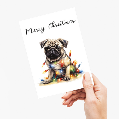 Pug tangled in Christmas light - Greeting Card