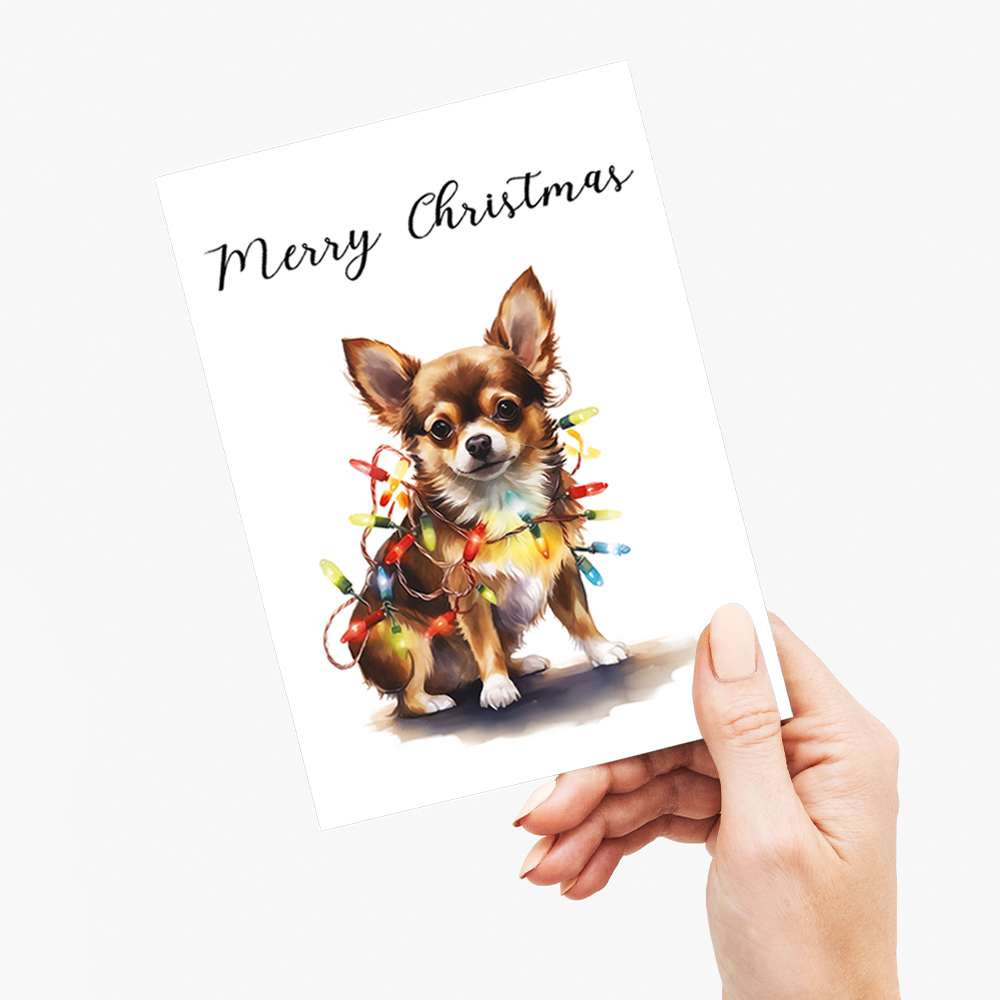 Chihuahua tangled in Christmas light - Greeting Card