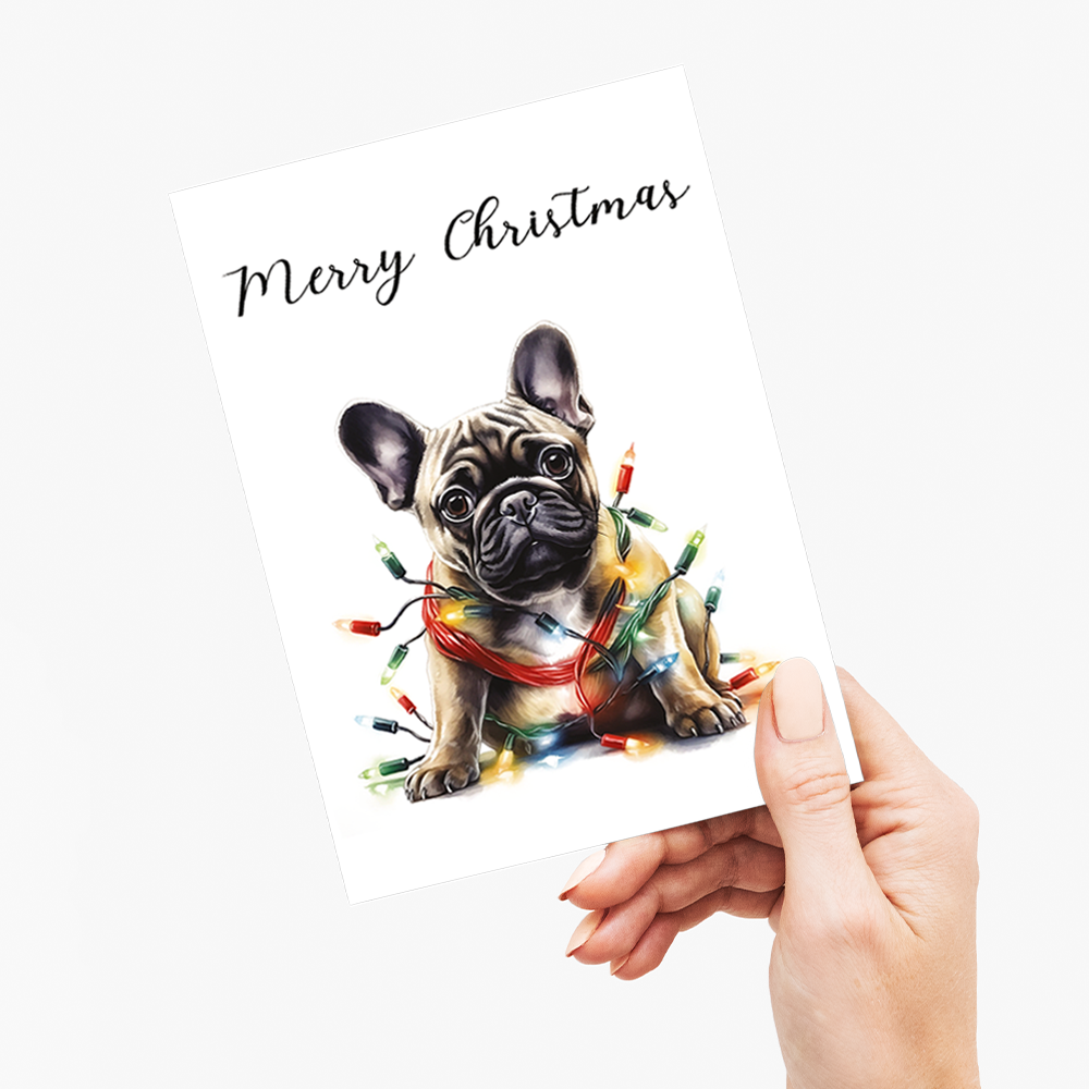 French bulldog tangled in Christmas light - Greeting Card