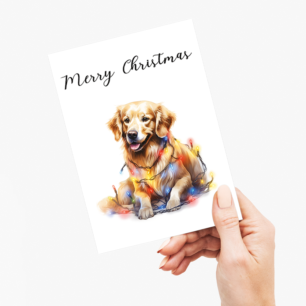 Golden retriever tangled in Christmas light - Greeting Card