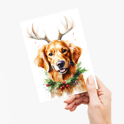 Golden retriever wearing antlers - Greeting Card