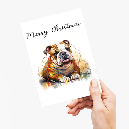English bulldog tangled in Christmas light - Greeting Card