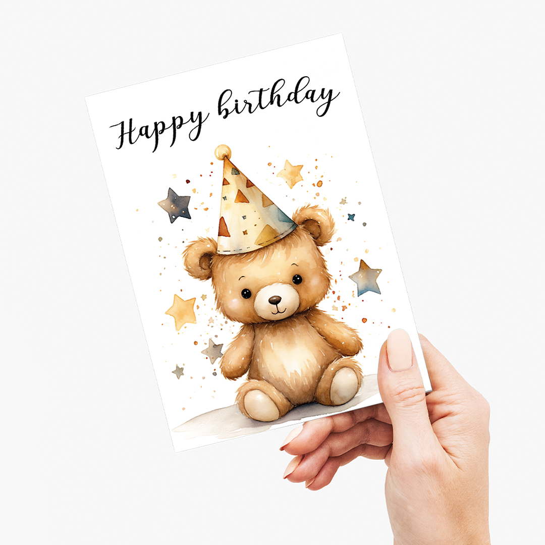 cute teddy bear wearing a party hat - Greeting Card